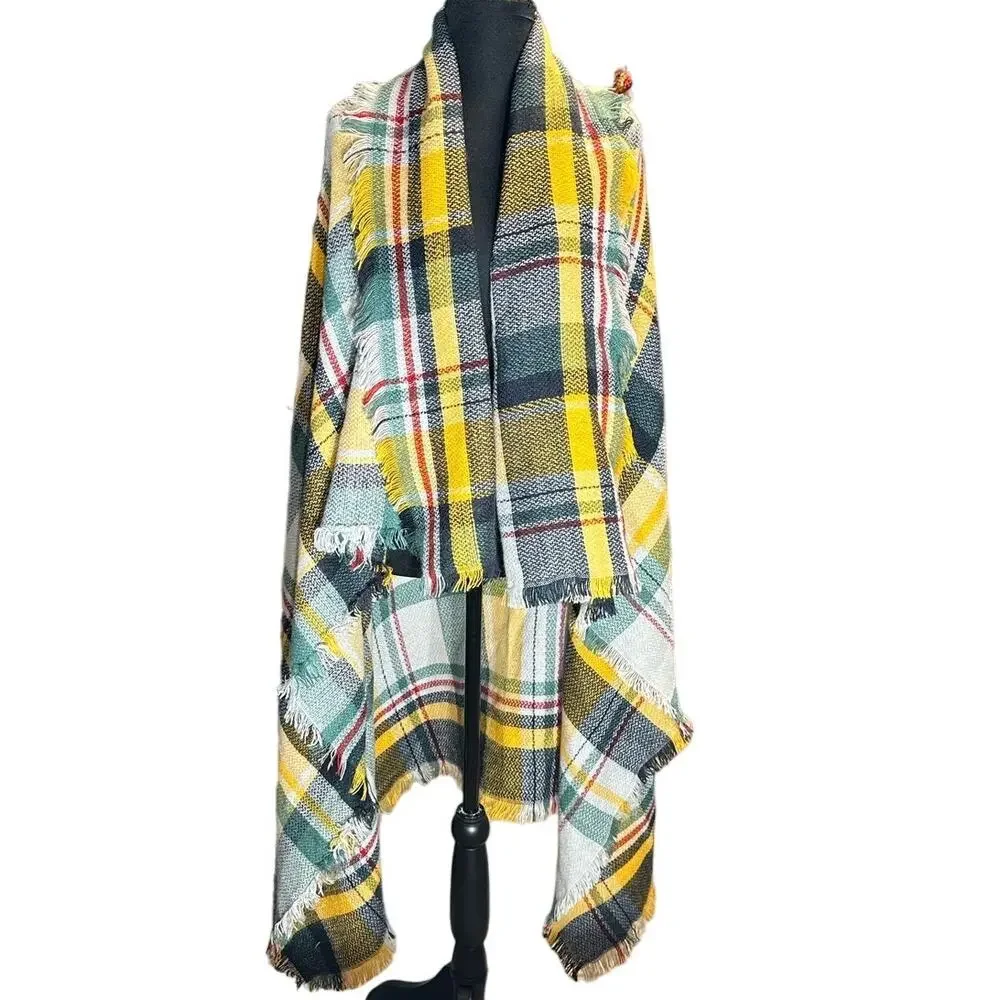 Oversized Plaid Blanket Scarf Wrap Yellow Green Tartan Fringe Cottagecore